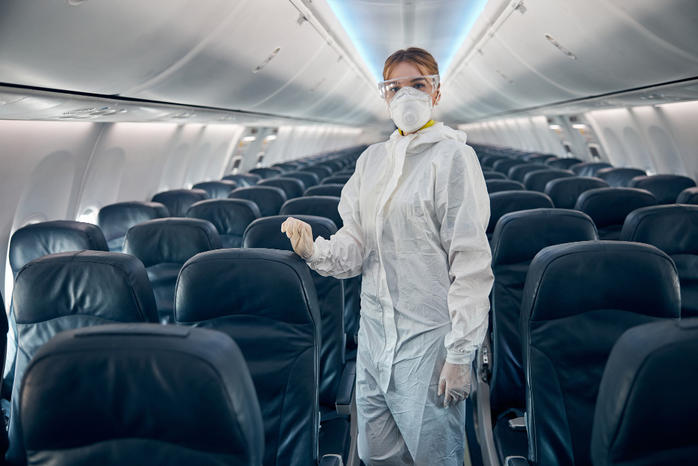 11 Tips Memilih Maskapai Penerbangan Jarak Jauh untuk ke Luar Negeri 9 waist up portrait young female protective white uniform while epidemic time board passenger aircraft
