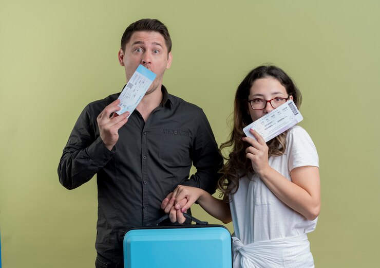 happy young couple tourists man woman holding air tickets suitcase light 141793 58649