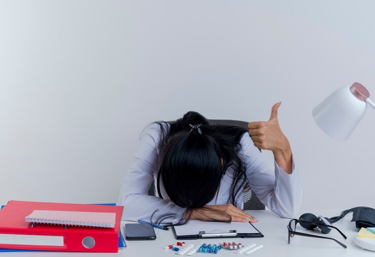 tired young female doctor wearing medical robe stethoscope sitting desk with medical tools putting hand desk head hand showing thumb up isolated 141793 68849