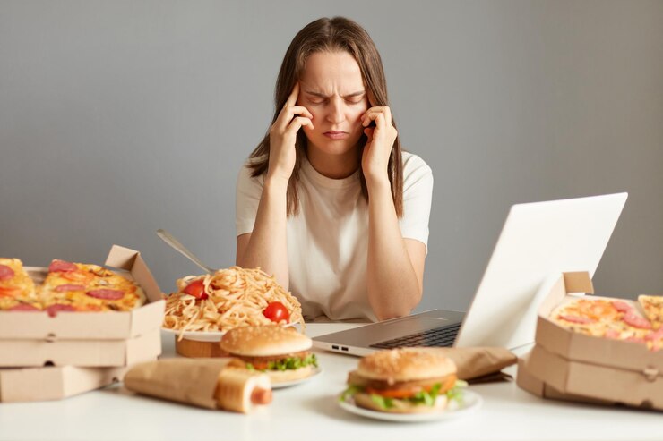 Lagi Stress Sering Lapar? Ini Dia Alasannya 1 indoor shot sick unhealthy woman sitting front laptop junk food having terrible headache being tire exhausted isolated gray background 176532 24927