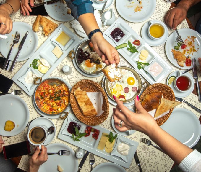 top close up view table breakfast time family having with different meals